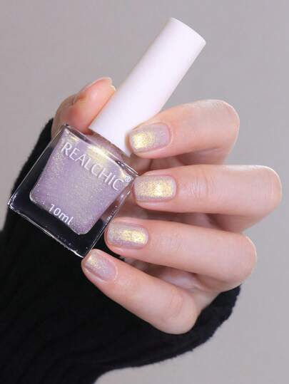 REALCHIC 10毫升/瓶，反光闪粉浅粉色指甲油，水性闪光指甲油，快干，持久，可撕拉，秋冬色系，女士美甲艺术