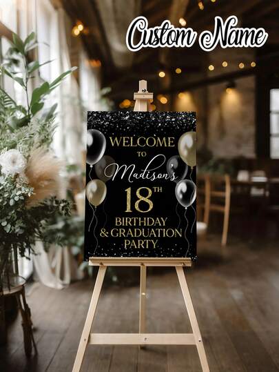 1 Peça Pôster de Aniversário Personalizado Preto e Dourado, Placa de Boas-Vindas de Aniversário Personalizada, Placa de Boas-Vindas para Festa de Formatura e 18º Aniversário, Placa de Boas-Vindas para Festa de Combinação, Placa de Boas-Vindas de Aniversário, Quadro de Pôster de Festa de Aniversário, Decoração de Festa de Aniversário, Balões Dourados, Qualquer Idade, Preto e Dourado, Pôster em Tela Personalizado Sem Moldura
