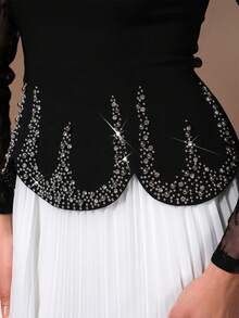 女士蕾丝拼接圆领腰部串珠水钻设计褶裥下摆优雅时尚长裙，纯色蕾丝拼接优雅婚纱春季派对礼服 - 黑與白 - 查看 5