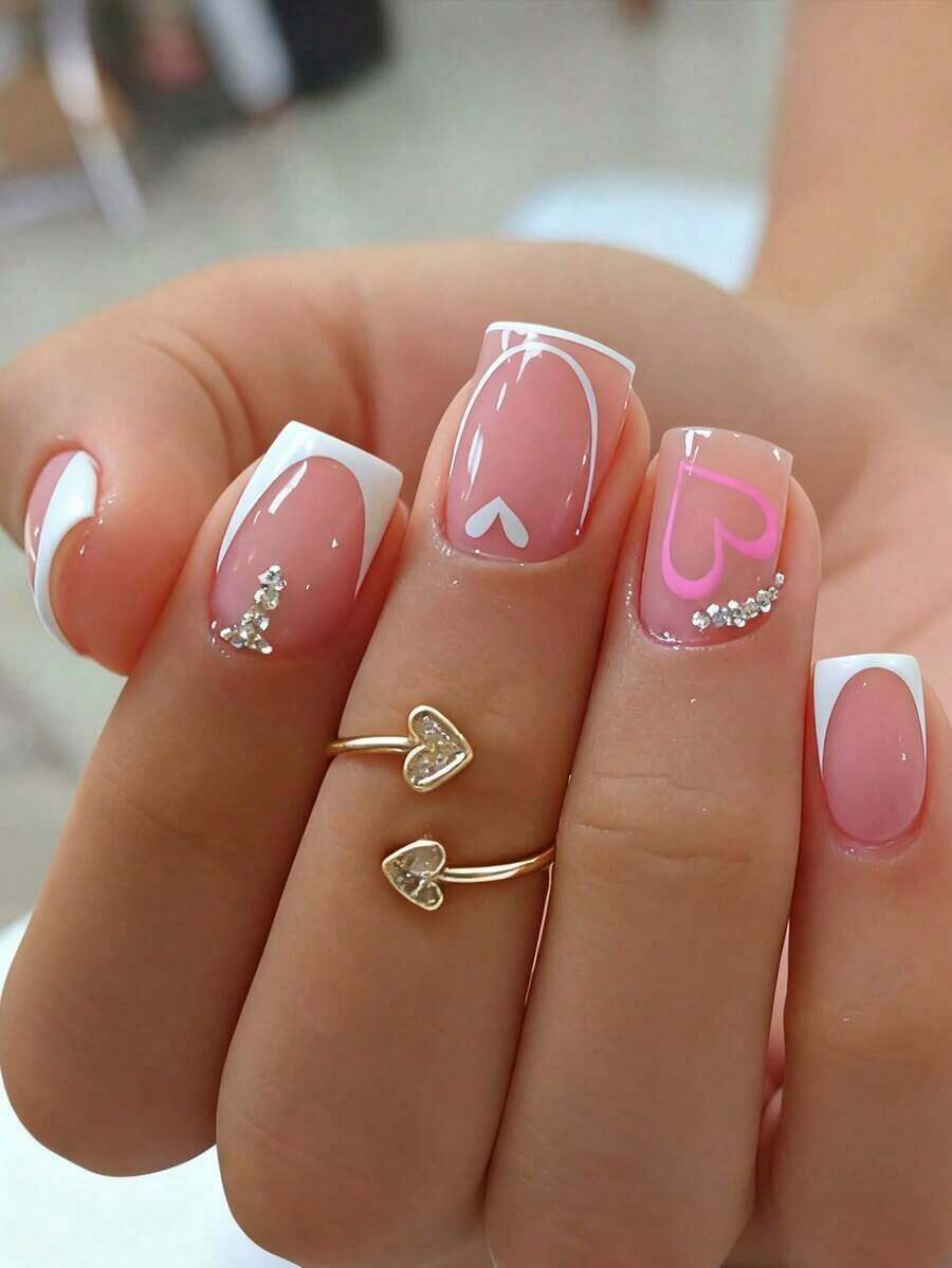 Instantly Upgrade Your Look With 24pcs Press On Nails Short Simple And Cute Pink Heart White French Style 3D Rhinestone Design Pink Nails Fashion White Stripes White Heart Fake Nails Full Coverage Fake Nail Tips For Women And Girls Includes 1 Sheet Adhesive Tabs & 1 Pc Mini File Strip Jelly Gel Random Shipment - 粉色 - 查看 1
