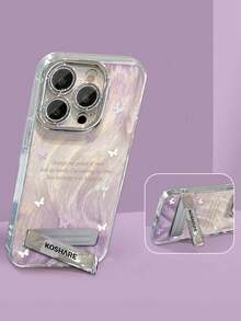 1pc Electroplated Glitter Full Coverage Ombre Purple Butterfly Phone Case + 3D Metal Stand, Compatible With IPhone 11/12/13/14/15/16/17/Pro Max - Purple - View 1