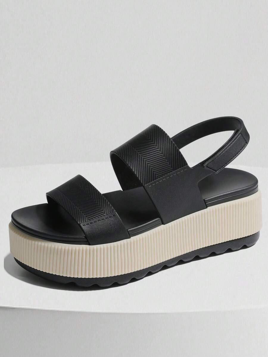 Elegant Open Toe Platform Sandals For Women Slip On Sandals Falt Black Heel Comfy Strapy Fall Dress Shoes Flip Flops Casual Slippers Vacation Walking Beach Outdoor Spring Summer New Fall Fashion Women - Blackwhite - View 1
