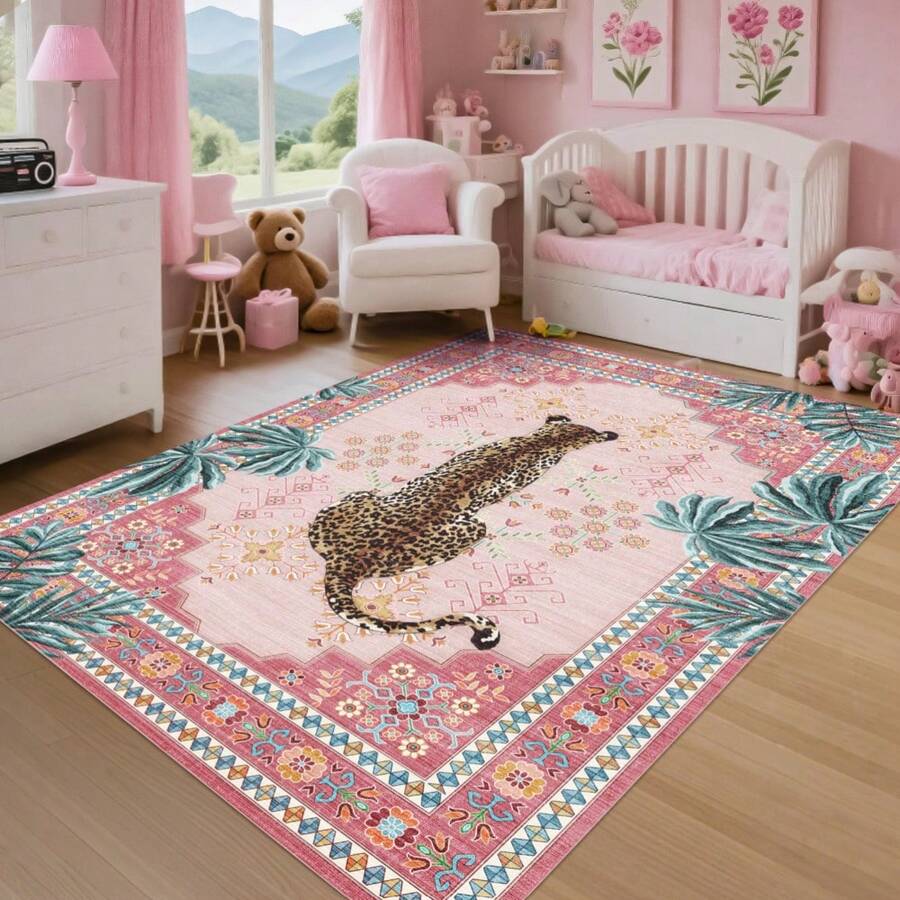 Leopard Floral Pink Border Area Rug Washable Rug Vintage Traditional Floor Cover Foldable Thin Retro Accent Indoor Non Slip Carpet Print Mat Bedroom Living Room Bathroom Home Decor Large Carpets Dining Room Rug Kitchen Rugs For Entryway - A - Xem 1
