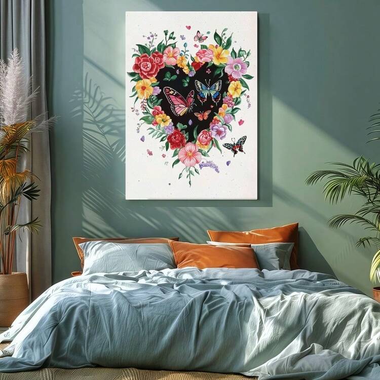 1pc Mexico Wall Art, Winter Wall Art, Christmas Decorations Wrapped Framed Canvas Wall Art, Vintage Prints Poster, Heart Shape, Butterflies, Flowers - Abstract, Abstract Art, Realistic Details, Vibrant Colors Style, Home Living Room Bedroom Ofice Wall Decor, Birthday Party Decor, Hanging Hardware Included - Wrapped Framed Canvas, Vertical - Lienzo enmarcado - Añade 8