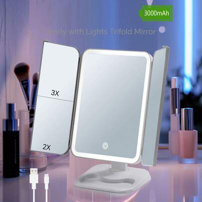 LED Makeup Mirror With Touch Screen, 3 Lighting Modes, Foldable Portable Stand, 3X/2X Magnification, Tabletop Vanity Mirror, Suitable For Living Room, Bedroom, Bathroom, Home Decor, Travel, Wedding, Party, Birthday, Gift For Men, Women, Friends, Teachers, New Year