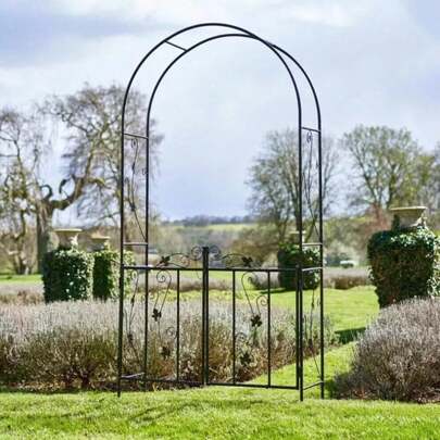 2.1m Steel Frame Garden Arch With Gate Extra Large Garden Arches Metal Strong Indoor Wedding Arch Frame Weatherproof Arbour Plant Supports For Outdoor Plants Roses, Climbers, Archway Decor