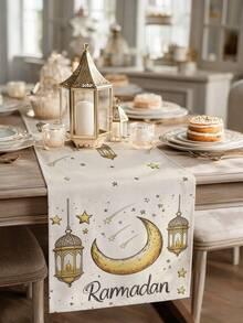 1pc Ramadan Crescent Moon Pattern Table Runner, Ramadan Home Decor Table Runner, Islamic Home Decor, 1pc Table Runner, 4pcs Placemats, 1pc Cushion Cover, 3 Products Available, Home Decor Indoor/Outdoor Party Supplies, Room Decoration. Suitable For Ramadan Home Kitchen Decor And Ramadan Event Party Decoration - Multicolor - View 1