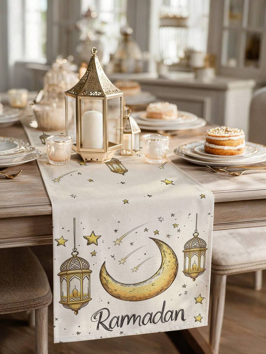 1pc Ramadan Crescent Moon Pattern Table Runner, Ramadan Home Decor Table Runner, Islamic Home Decor, 1pc Table Runner, 4pcs Placemats, 1pc Cushion Cover, 3 Products Available, Home Decor Indoor/Outdoor Party Supplies, Room Decoration. Suitable For Ramadan Home Kitchen Decor And Ramadan Event Party Decoration - Multicolor - View 1