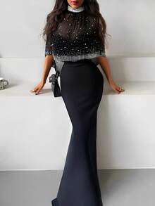 Đầm dự tiệc không tay, cổ cao, bóng bẩy, thanh lịch, đính ngọc trai, lớp vải voan mỏng. - màu đen - Xem 7