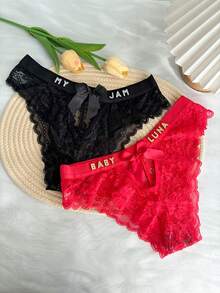1pc Customized Women's Panties, Personalized Crystal Letter Name Lingerie, Sexy Lace Breathable Bikini Underwear, Waistband Bow Hollow Sexy Low-Waist V-Shape Panties, DIY Shiny Crystal Letter Name, Date Anniversary Panties, Customized Wedding Gift, Bridal Panties, Anniversary Gift, Valentine's Day Gift, Birthday Gift, Wedding Gift, Gift For Her/Girlfriend/Wife - Red - View 7