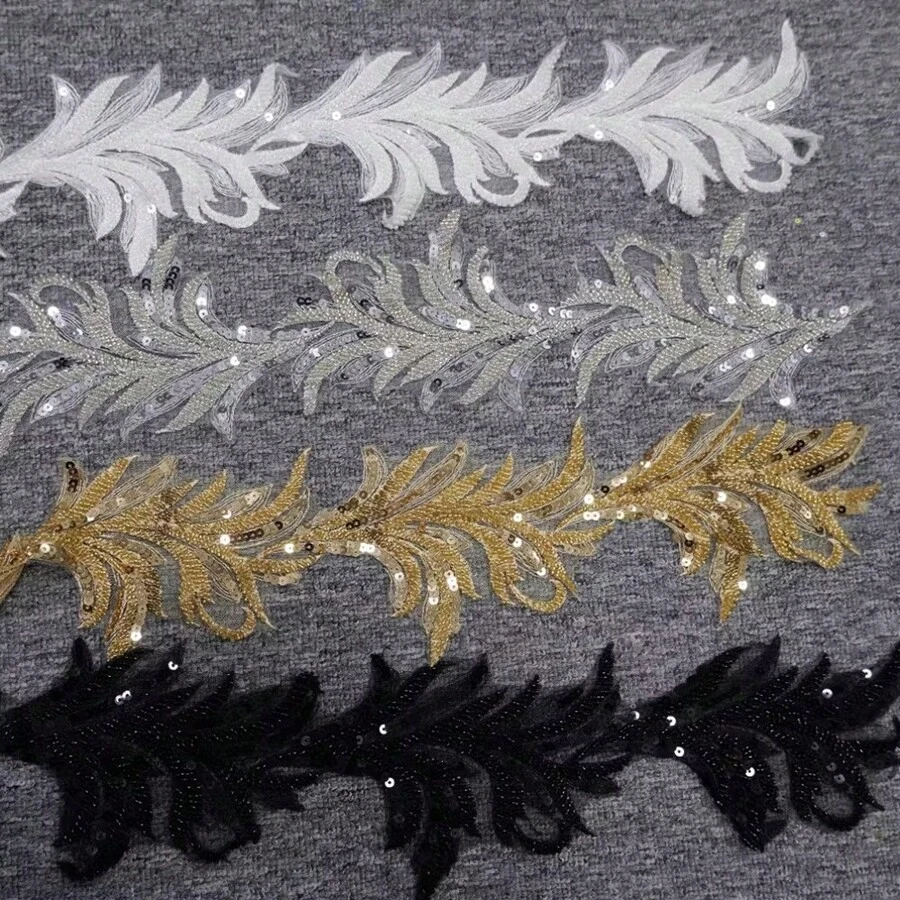 1片白色、金色、黑色亮片刺绣叶子贴片，精致3D造型服装装饰贴纸 - 布貼 - 查看 1