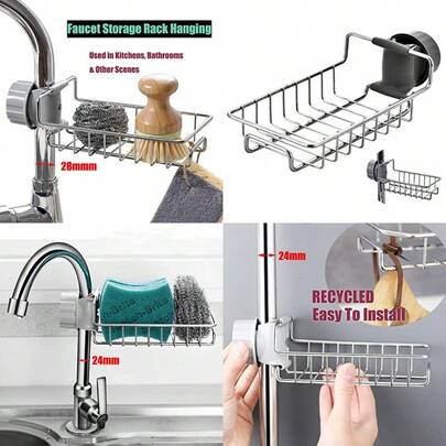 Organizador de fregadero de cocina IPstyle, soporte para esponja sobre el grifo, de acero inoxidable de alta resistencia y grosor, estante colgante para el drenaje del grifo para estropajos, jabón, desmontable sin ventosa ni imán