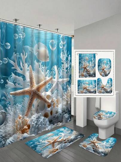 Juego de 1/4 piezas de cortina de ducha plana con tema oceánico 2D y alfombra de baño antideslizante, cortinas de baño, adecuado para la decoración del baño, un regalo de decoración del hogar elegante y práctico