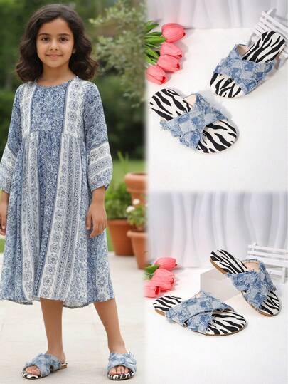 1 Pair Black Plus Size Children/Girls' Flat Sandals, Soft Distressed Denim Zebra Print Criss-Cross Strap Shoes, Round Toe Non-Slip Slip-On Beach/Roman Sandals, Suitable For 3-12 Years Old Students Daily Casual, Beach, Campus, Holiday, Spring/Summer