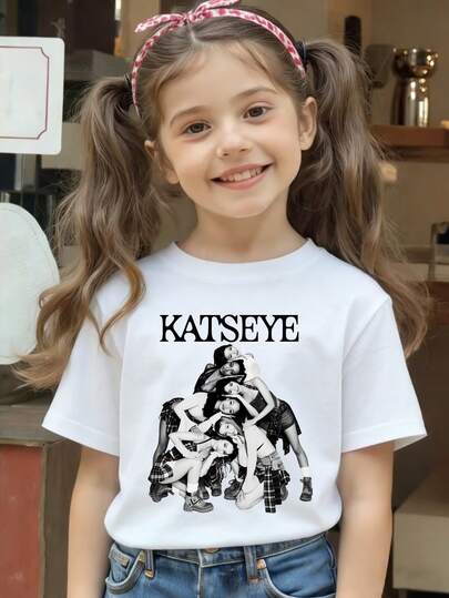 Katseye Group Pose Printed Pattern T-Shirts For Girls - Children's Clothing Design Short-Sleeved Casual And Cute Style Comfortable And Casual Wear All Year Round Suitable For Parties And Play Machine Washable Gift Children's Clothing Girls' Short-Sleeved Shirts