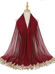 1 pieza Hiyab musulmán de lujo con lentejuelas doradas, flecos y parches de encaje, de talla larga para vestido abaya - Multicolor - Ver 14