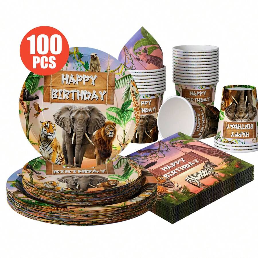 Tropical Animal Birthday Party Disposable Plates, Napkins, Cups - One-Time Party Supplies Set, Fits 25 Guests, Disposable Paper Plates Party Tableware Suitable For Birthday, Wedding, Theme Party, Family Picnic - Multicolor - View 1