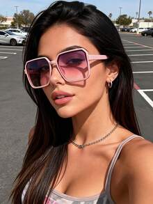 1 Pair Women's Square Frame Futuristic Fashion Glasses, Suitable For Outdoor Activities, Dates, Singles Parties, Beach Accessories - 1pc 紫粉 - 查看 2