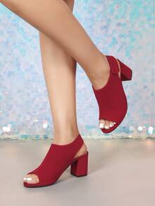 Women's Red Square Heel Sandals, Suitable For Spring/Summer, Elegant Wedding Bride High Heels, Party & Holiday, Minimalist Slingback Dress Sandals, Commute & Office Wear - Red - View 5