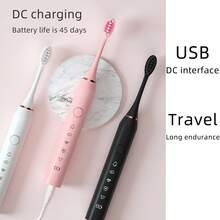 1支成人电动牙刷，配8个刷头，5种模式，IPX7级防水，电池续航时间长，USB充电，带底座和防尘盖，清洁牙齿 - 白色 - 查看 8