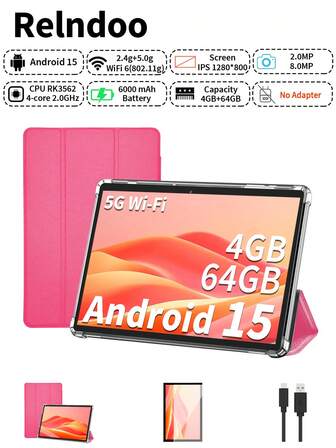 Relndoo แท็บเล็ต Android 15 รุ่นล่าสุดปี 2025 ขนาด 10.1 นิ้ว พร้อมเคสป้องกัน, โปรเซสเซอร์ Quad-Core RK3562 2.0 GHz, หน่วยความจำ (4GB+64GB) + ที่เก็บข้อมูล, ระบบปฏิบัติการ Android 15, แบตเตอรี่ 6000mAh, กล้องคู่ 2MP+8MP, หน้าจอสัมผัส HD 1280*800, การเชื่อมต่อไร้สาย, 802.11n Wi-Fi 6 2.4G/5.0G, แท็บเล็ตที่ได้รับการรับรอง GMS, มีฟิล์มกันรอยหน้าจอ (ไม่รวมอะแดปเตอร์) - สีชมพู