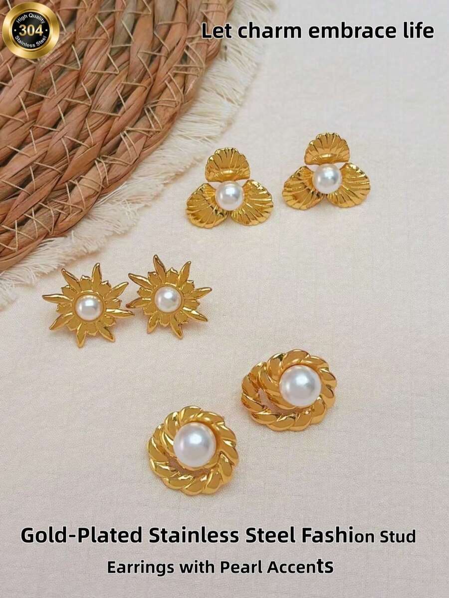 3 Pairs Gold-Plated Stainless Steel Fashion Stud Earring Set With Pearl Accents - Floral, Sun, Spiral, Multi-Element Designs. Perfect For Everyday Wear, Holiday Gifts, Or As The Ideal Valentine's Day Present For Women. - Gold - View 1