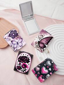 1 pièce Miroir de poche compact pliable de la série de dessins animés Y2K, léger, ultra-fin, miroir à main portable en PU, convenant à de multiples scénarios, avec des éléments classiques comme papillon, fleur, rose, cœur, lèvres, nœud, imprimé léopard, structure de pliage délicate, résistant aux rayures, fiable, facile à transporter - Multicolore - Voir 2