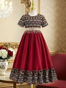 Vestido com Acabamento de Borla para Meninas, Gola Redonda Clássica, Confortável e Amigável à Pele, Uso Casual Diário e de Férias, Elegante e Enérgico - Multicolorido - Visão 1