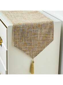1pc Simple Solid Color Faux Linen Digital Printed Table Runner, Beige Double Layer Tassel Fringe Dining Table Decor Cloth, Kitchen Supplies Dining Room Tablecloth, Bar Cafe Triangular Table Runner, Daily Home Dining Table Center Long Cloth, Holiday Party Banquet Table Runner, 30*180cm 30*200cm - Brown - View 7