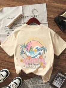 Set de 2 camisetas de manga corta con estampado de conchas y olas tropicales para niñas preadolescentes, apropiado para el verano estudiantil, conjunto a juego, amistad - Multicolor - Ver 4