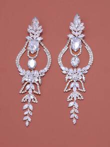2pcs Geometric Earrings With Rhinestone Decor, Vintage Bridal Accessories - Silver - View 2