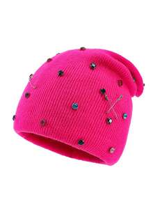 1pc Women's Fashion Colorful Rhinestone Brooch Punk Style Slouchy Knit Beanie Hat, Warm Woolen Cap For Autumn/Winter Outfits And Travel - A - View 4