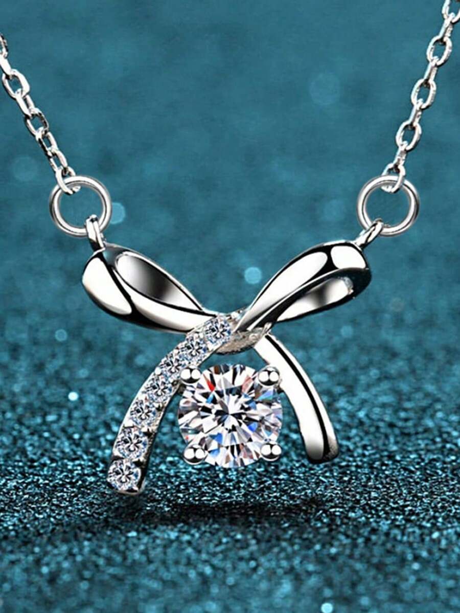 1 PC Teen Bow Cubic Zirconia Fashion Necklace Pendant For Girls For Birthday Gift - Silver - View 1