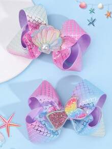 2 Stück Meerjungfrau Schuppen Haarspangen Set für Mädchen - Irisierender Muschelperlen & Meerjungfrau Schweif Dekor Haarspangen, Farbverlauf Satinband Alligatorspangen, Ozean Themen Party Kinder Haarschmuck - Verschiedenfarbig - Übersicht 2