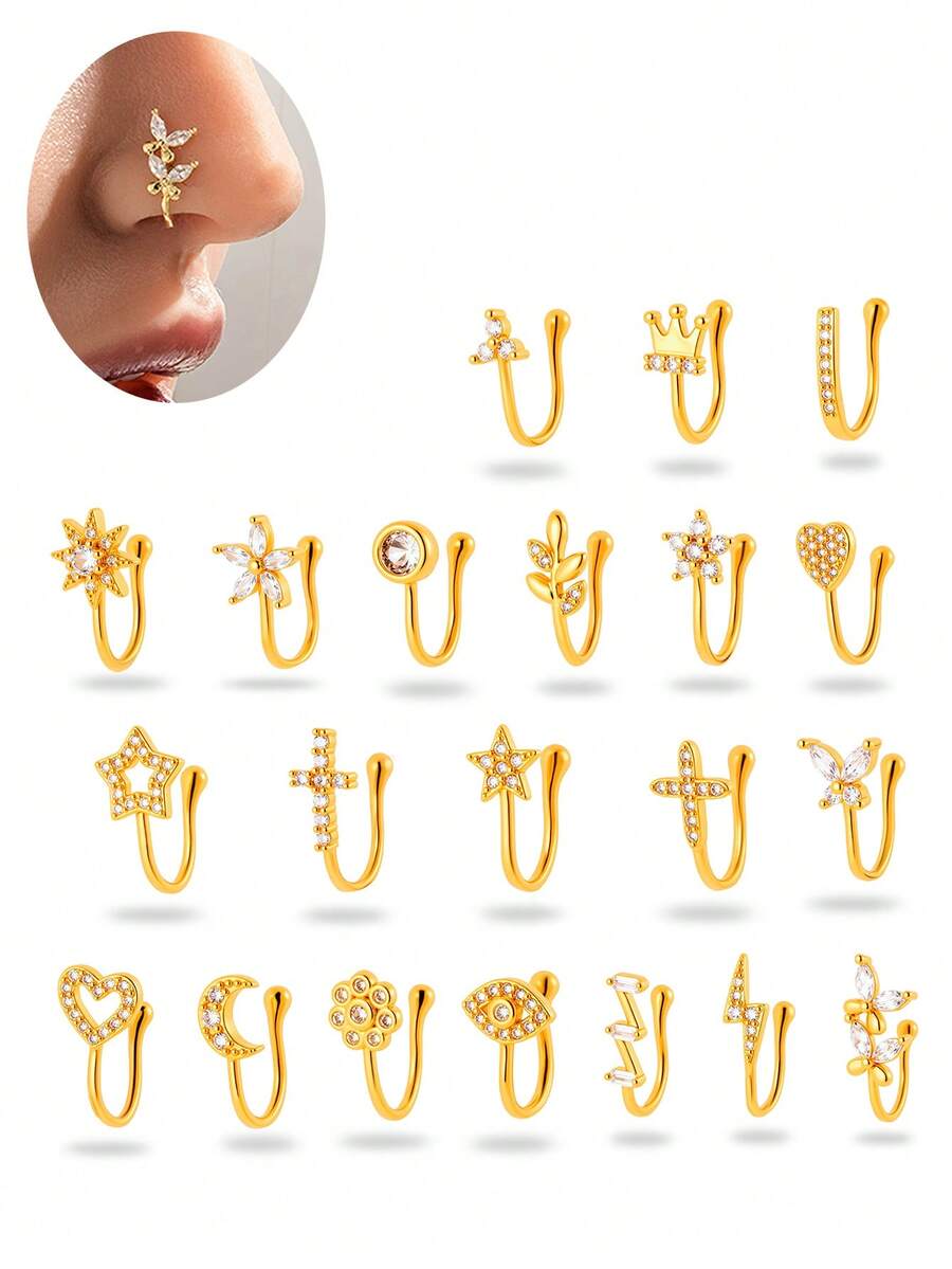 Toppiercing 1 Peça Clipe de Nariz Versátil de Moda com Zircônia Micro-Incrustada em Formato de Coração, Lua, Estrela, Flor, Anel de Nariz Falso Sem Perfuração - Multicolorido - Visão 1