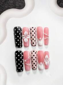 Bộ 10 móng giả chấm bi, móng dán acrylic, họa tiết chấm bi đen trắng cổ điển, hoa trắng 4 cánh vẽ tay, trang trí bằng hạt bạc, sơn móng tay màu hồng và đen, phong cách dễ thương và tinh nghịch, bao gồm dụng cụ làm móng (1 miếng dán gel + 1 dũa móng), 3 kích cỡ để lựa chọn. - Nhiều màu - Xem 13
