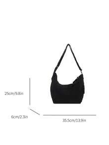 Fashionable Solid Color Nylon Waterproof Shoulder Bag, Casual Minimalist College Style, Wide Strap, Multiple Zipper Design, Suitable For Students, Commuting, Shopping, Daily Use - Black - View 9