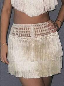 Awevudst Women Summer Crochet Knitted High Waist Fringe Tassel Short Mini Skirt Swimsuit Bikini Cover Ups Rave Costume Belly Dance Cover Up Skirts Holiday Beachwear Swimwear - 白色 - 查看 1