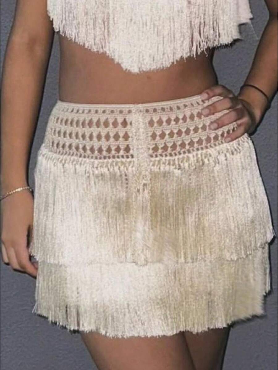 Awevudst Women Summer Crochet Knitted High Waist Fringe Tassel Short Mini Skirt Swimsuit Bikini Cover Ups Rave Costume Belly Dance Cover Up Skirts Holiday Beachwear Swimwear - 白色 - 查看 1