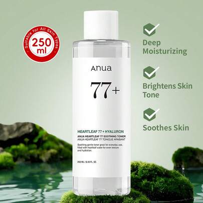  1瓶 ANUA 鱼腥草舒缓爽肤水，250毫升，蕴含77%鱼腥草提取物、泛醇和积雪草提取物，清爽保湿配方，滋润肌肤，控油，舒缓泛红，适合敏感肌肤，早晚均可使用。