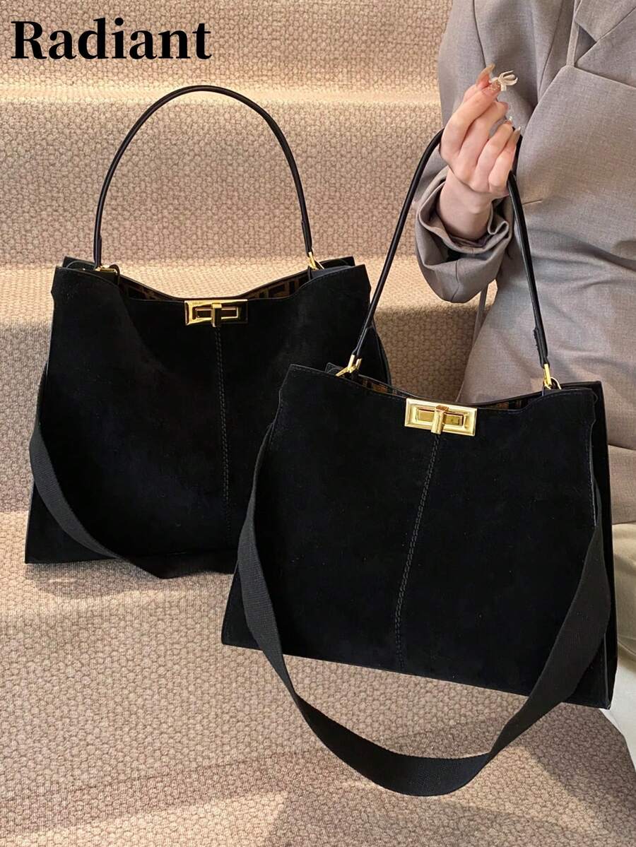 1个2026新款复古女士手提包（也可作单肩包使用），尽显奢华精致，采用麂皮绒面料，配有旋转扣。这是一款大容量便携购物包，适合日常休闲、通勤上班、大学上课、旅行、聚会、宴会等各种场合。