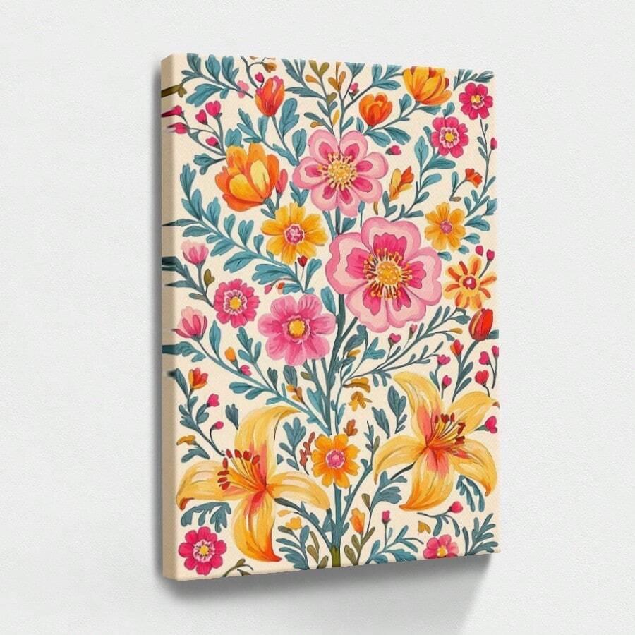 1pc Mexico Wall Art, Winter Wall Art, Christmas Decorations Wrapped Framed Canvas Wall Art, Vintage Prints Poster, Floral Pattern, Pink Flowers, Yellow Flowers - Botanical, Watercolor Painting, Loose Style, Expressive Style Style, Home Living Room Bedroom Ofice Wall Decor, Birthday Party Decor, Hanging Hardware Included - Wrapped Framed Canvas, Vertical - Lienzo enmarcado - Ver 1