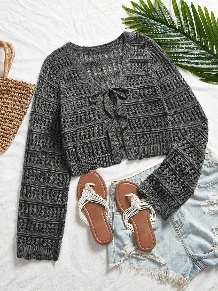 2026 Women's Spring Button Front Ruffle Trim Flare Sleeve Short Cardigan | Casual Open Front Layering Top For Date Night, Party & Outdoor Wear | Relaxed Fit Lightweight Cardigan For Effortless Everyday Style, Multiple Colors Available - 灰色 - 查看 1