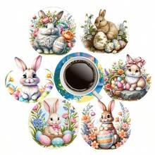 6件套复活节快乐兔子、彩蛋、胡萝卜元素复古设计木质杯垫套装，适用于庭院、厨房、客厅、家庭聚会、餐桌装饰，是馈赠亲友的理想之选，也适合复活节、情人节、婚礼、生日派对等家居装饰场合。 - 彩色 - 查看 13