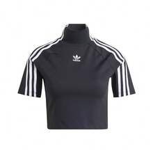 Adidas 女士舒适休闲高领短袖针织露脐上衣T恤，春夏款 - 黑色 - 查看 1