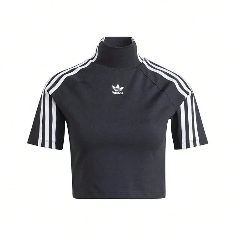 Adidas 女士舒适休闲高领短袖针织露脐上衣T恤，春夏款 - 黑色 - 查看 1