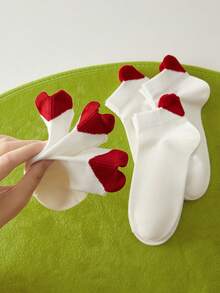 6 Pairs Women's Socks, Valentine's Day Red Heart Short Socks, White Socks, Suitable For Any Shoes - White - View 5