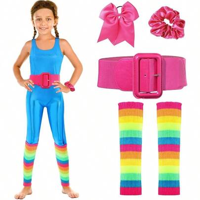 Conjunto de accesorios para disfraz de mueca para nios, Unitard de los aos 80, calentador de piernas de punto, cinturn de charol, pajarita