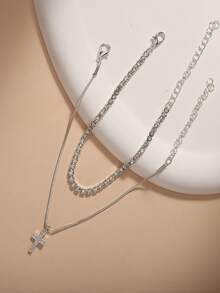 Tkool 2pcs/Set Classic Cross Element Bracelet, Daily Wear Double Layer Cross Bracelet Set - Silver - View 3