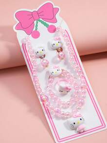 Sanrio 5pcs/Set Teenage Pearl Acrylic Necklace, Bracelet, Earrings, Ring Jewelry Set, Hello Kitty Theme (With Card)
